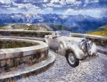Vector Front view of a vintage Jensen 1939 Continental H-Series vehicle in Alps Oil painted.