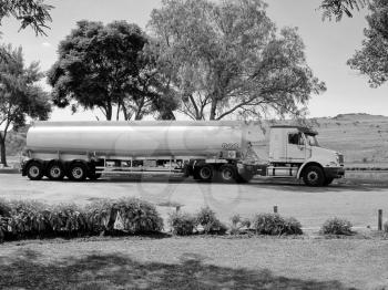 Black and White Picture of a Large 18 Wheeler Petrol Tanker Truck