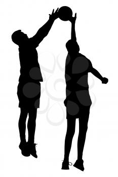 Black on white silhouette of korfball men's league players jumping to compete for ball