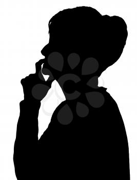 Front profile portrait silhouette of elderly lady finger on her lips thinking