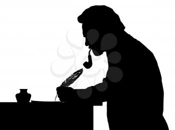 Vintage Silhouette of a bearded man with pipe writing with feather 