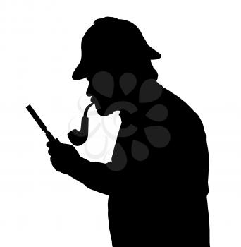 Silhouette of a bearded man investigating with a magnifying glass Sherlock hat and pipe