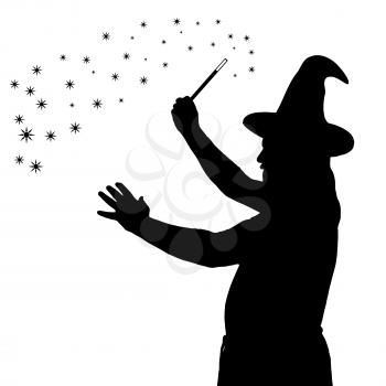 Silhouette of a bearded wizard in cloak with pointed hat creating magic 