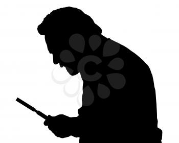 Silhouette of a bearded man investigating with a magnifying glass 
