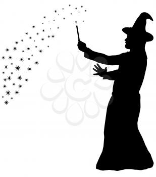 Silhouette of a bearded wizard in cloak with pointed hat creating magic 