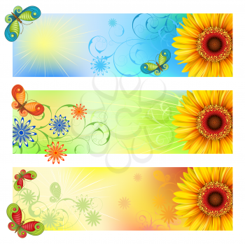 Royalty Free Clipart Image of Summer Banners With Flowers and Butterflies