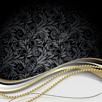 Royalty Free Clipart Image of a Leaves on Black With a Gold and Silver Ribbon