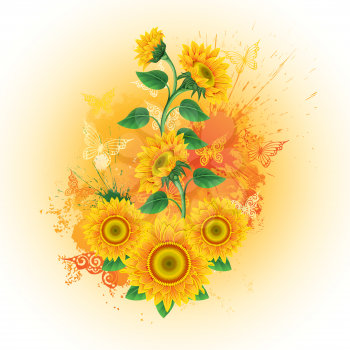 Royalty Free Clipart Image of Butterflies and Sunflowers