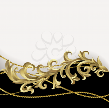 Royalty Free Clipart Image of a Background With a Band of Black at the Bottom and Gold Flourishes