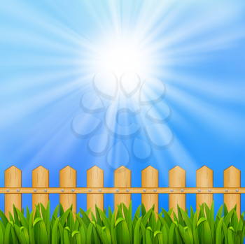 Royalty Free Clipart Image of a Summer Sky With Grass and a Fence