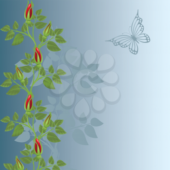 Royalty Free Clipart Image of Rosebuds and Butterflies on a Blue Background