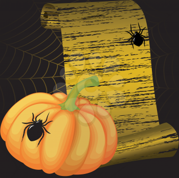 Royalty Free Clipart Image of a Pumpkin, Spiders and Banner