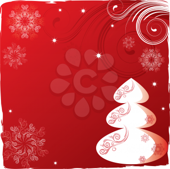 Royalty Free Clipart Image of a Red Background With a Tree and Snowflakes