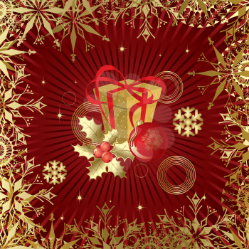Royalty Free Clipart Image of a Christmas Background With Holly and Snowflakes