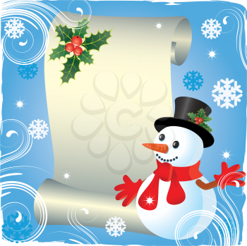 Royalty Free Clipart Image of a Christmas Snowman Background With a Banner