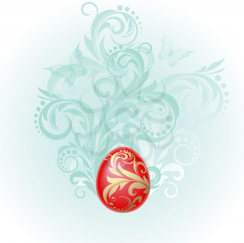 Royalty Free Clipart Image of an Easter Egg With a Flourish Behind It