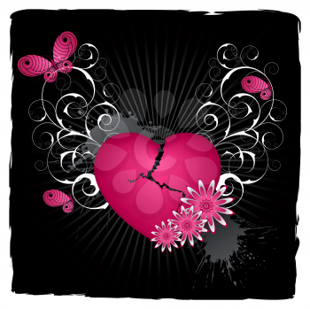 Royalty Free Clipart Image of a Black Background With a Heart, Flourishes and Butterflies