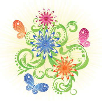 Royalty Free Clipart Image of a Summer Background With Butterflies and Flowers