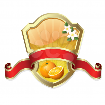 Royalty Free Clipart Image of Oranges and Flowers on a Badge