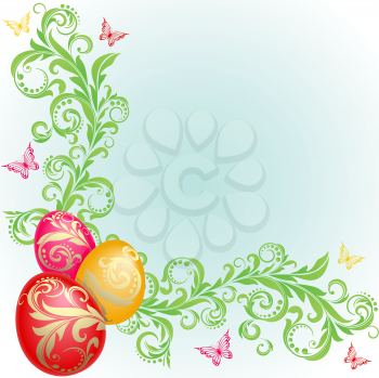 Royalty Free Clipart Image of a Spring Border With Eggs and Butterflies