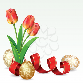 Royalty Free Clipart Image of Easter Eggs and Tulips