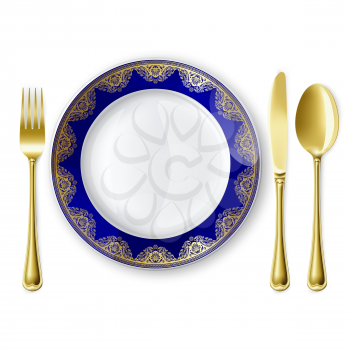 Royalty Free Clipart Image of an Empty Plate and Gold Utensils