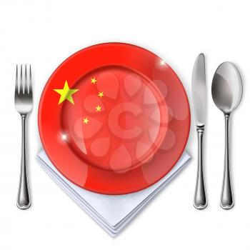 A plate with an Chinese flag. Empty plate with spoon, knife and fork on a white background. Mesh. Clipping Mask. This file contains transparency.