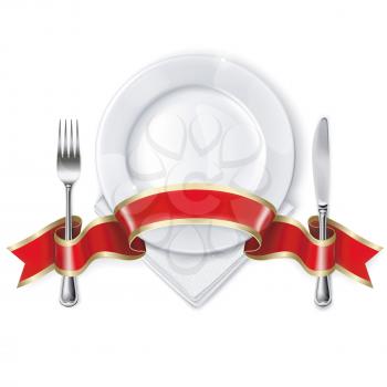 Empty plate with ribbon, spoon, knife and fork on a white background. Mesh. Clipping Mask. This file contains transparency.