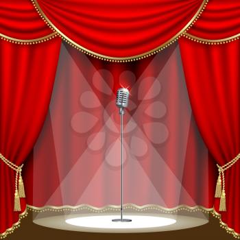 Theater stage  with microphone and red curtain. Clipping Mask. Mesh.