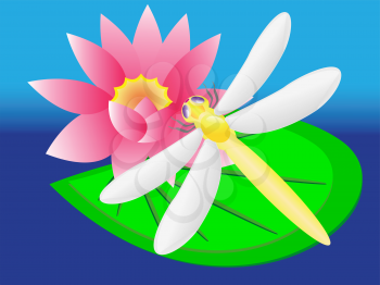 Royalty Free Clipart Image of a Dragonfly on a Lily pad 