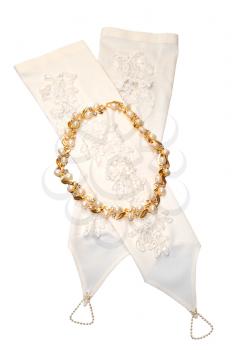 gloves and necklace for bride on white background