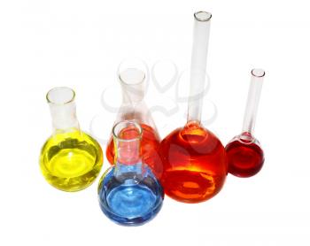 laboratory beakers with the coloured liquid isolated on white background