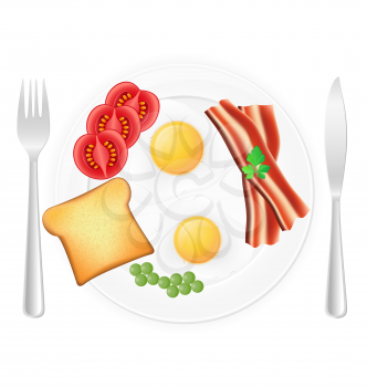 fried eggs with toast bacon and vegetables on a plate vector illustration isolated on white background