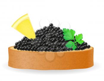 sandwich with black caviar lemon and parsley vector illustration isolated on white background