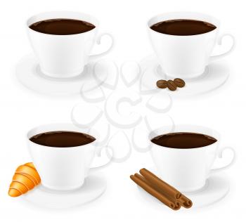 cup of coffee with cinnamon sticks grain and beans side view vector illustration isolated on white background