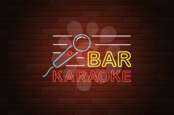 glowing neon signboard karaoke bar vector illustration on brick wall background