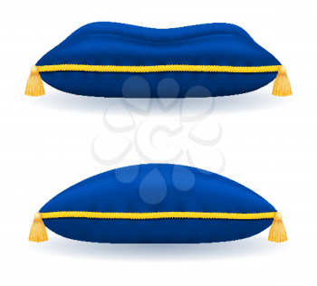 blue velvet pillow with gold rope and tassels vector illustration isolated on white background