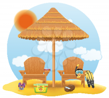 beach armchair lounger deckchair wooden and umbrella made of straw and reed for shade vector illustration isolated on white background