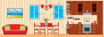 Royalty Free Clipart Image of a Kitchen and Living Room Space