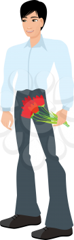 Royalty Free Clipart Image of a Young Man Holding Flowers