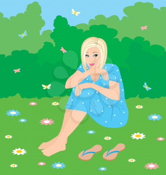 Royalty Free Clipart Image of a Girl Sitting on the Grass