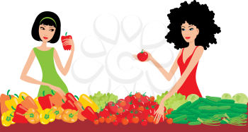 Royalty Free Clipart Image of Two Women Buying Vegetables