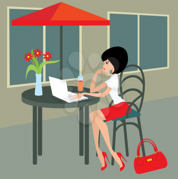 Royalty Free Clipart Image of a Woman With a Laptop at a Cafe