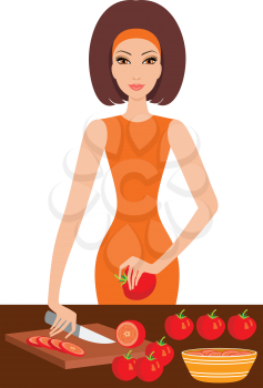 Royalty Free Clipart Image of a Woman Cutting Tomatoes