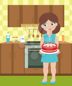 Royalty Free Clipart Image of a Woman Holding a Cake