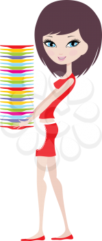 Royalty Free Clipart Image of a Girl With a Pile of Plate