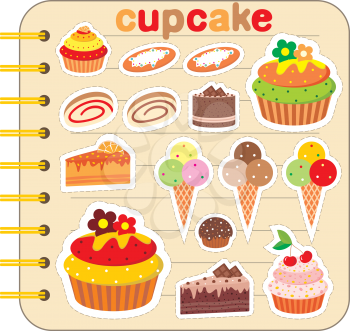 Royalty Free Clipart Image of Desserts on a Binder Background