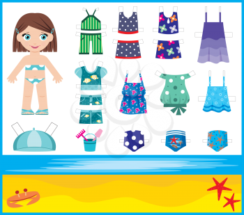 Royalty Free Clipart Image of a Paper Doll With a Set of Summer Clothes
