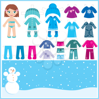 Royalty Free Clipart Image of a Paper Doll With Winter Clothes