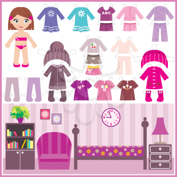 Royalty Free Clipart Image of a Paper Doll With a Set of Clothes and a Room